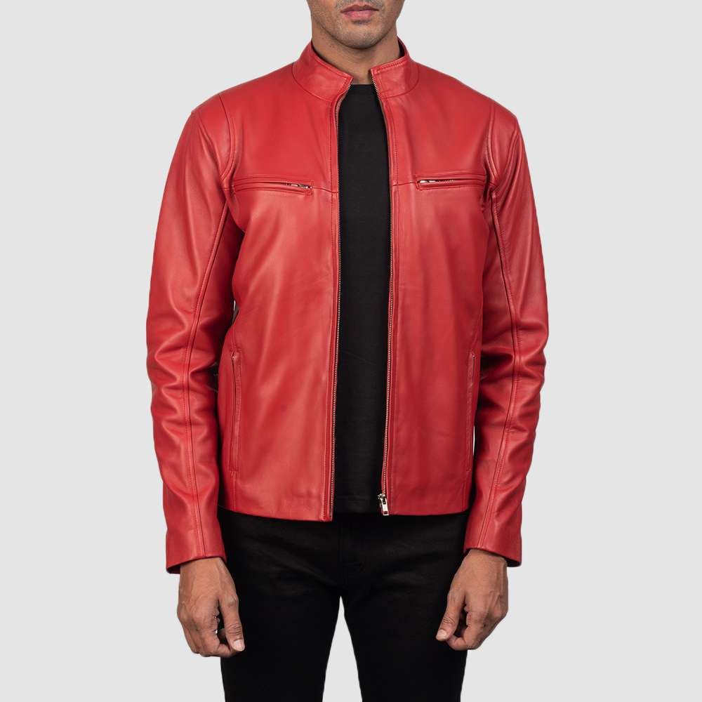 Ionic Red Leather Jacket – slim fit, front zip, genuine leather biker style