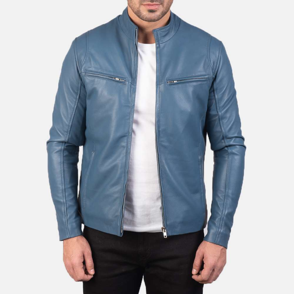 Ionic Blue Leather Jacket – slim fit, front zip, genuine leather biker style
