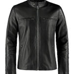 Men’s black leather jacket with front zipper, stand collar, and zippered pockets – stylish and functional outerwear