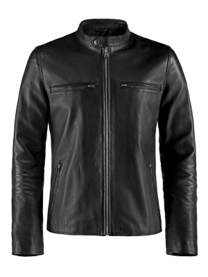 Men’s black leather jacket with front zipper, stand collar, and zippered pockets – stylish and functional outerwear