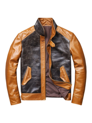 Men’s two-tone leather jacket – black and tan retro style front view