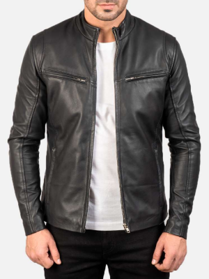 Ionic Black Leather Jacket – slim fit, front zip, genuine leather biker style