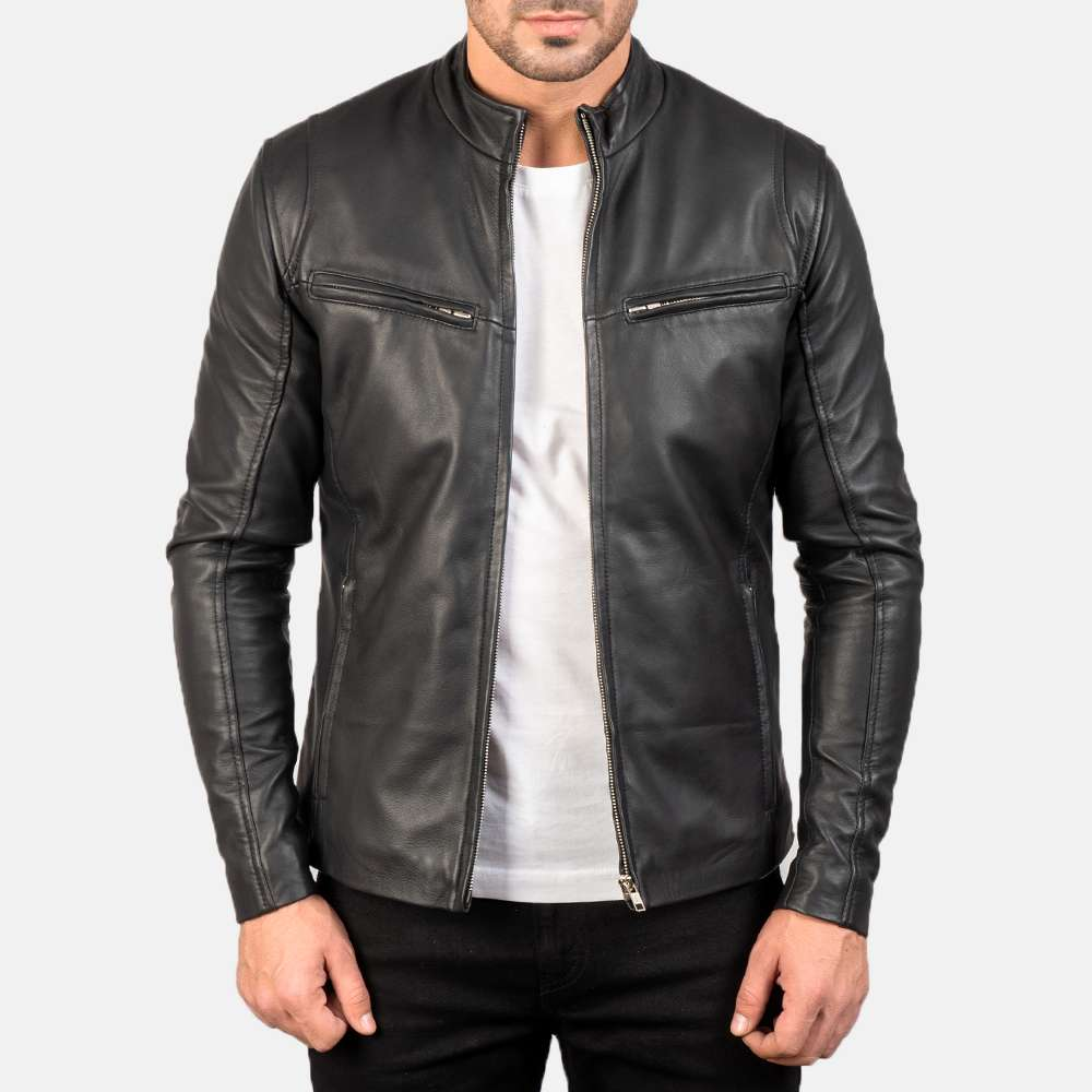 Ionic Black Leather Jacket – slim fit, front zip, genuine leather biker style
