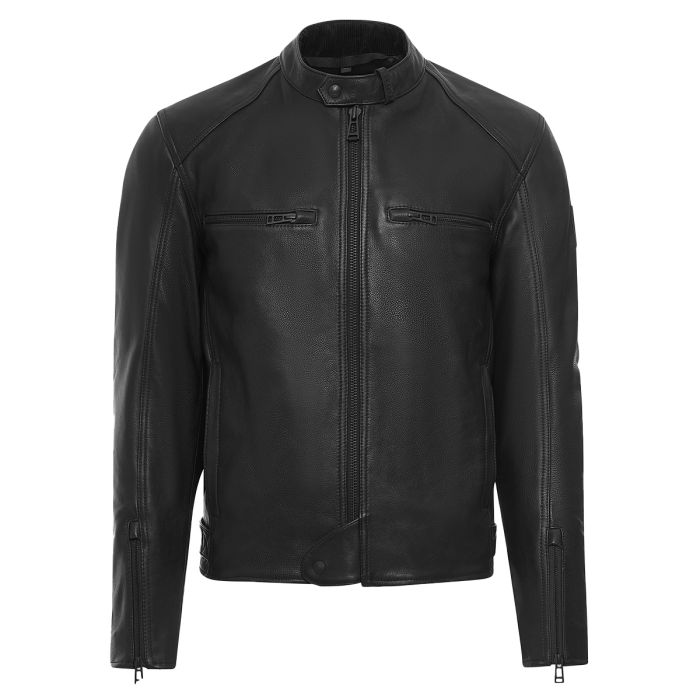 Men’s black leather biker jacket with zip front and snap-tab collar