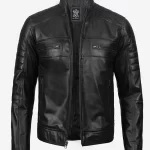 Black leather biker jacket front view with zipper pockets and stand collar