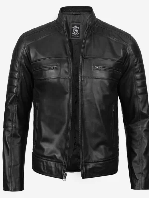 Black leather biker jacket front view with zipper pockets and stand collar