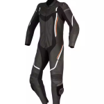 One-piece black leather motorbike racing suit with white and orange detailing, designed for high-speed performance and protection