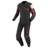 Black and red one-piece motorbike suit with CE armor and knee sliders