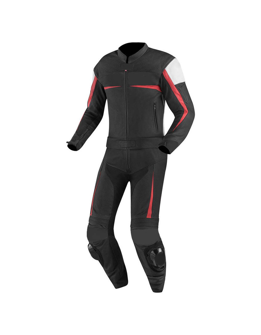 Black and red one-piece motorbike suit with CE armor and knee sliders