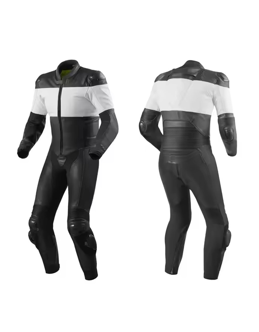 Men’s black and white leather motorcycle suit with CE armor