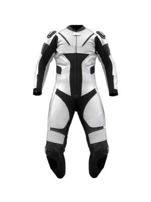 White and Black Leather Motorbike Suit – CE Approved One-Piece Racing Suit