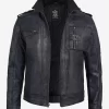 Stylish men’s black leather jacket with ribbed collar, multiple pockets, and epaulet shoulders