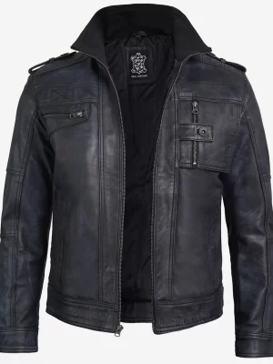 Stylish men’s black leather jacket with ribbed collar, multiple pockets, and epaulet shoulders