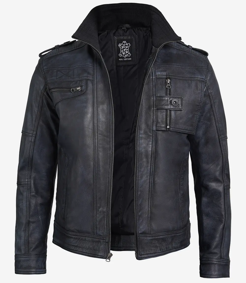 Stylish men’s black leather jacket with ribbed collar, multiple pockets, and epaulet shoulders