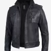 Stylish men’s black leather jacket with ribbed collar, multiple pockets, and epaulet shoulders