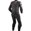 Black and red one-piece motorbike racing suit with CE-approved armor and knee sliders