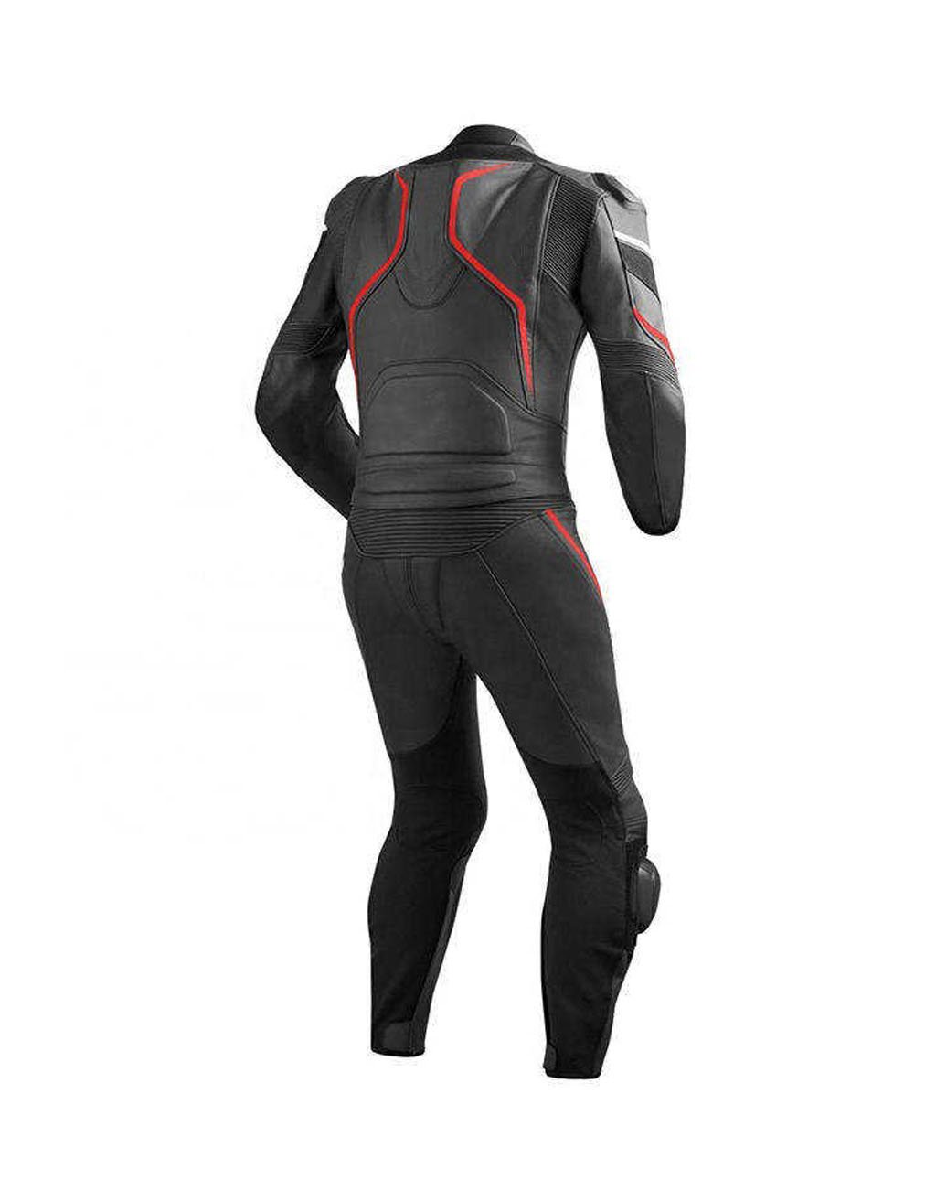 Black and red one-piece motorbike racing suit with CE-approved armor and knee sliders
