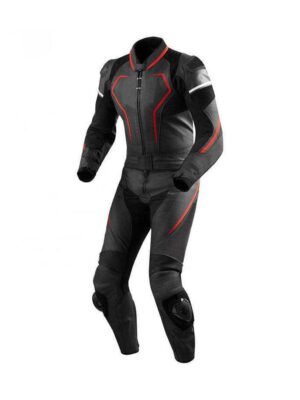 Black and red one-piece motorbike racing suit with CE-approved armor and knee sliders