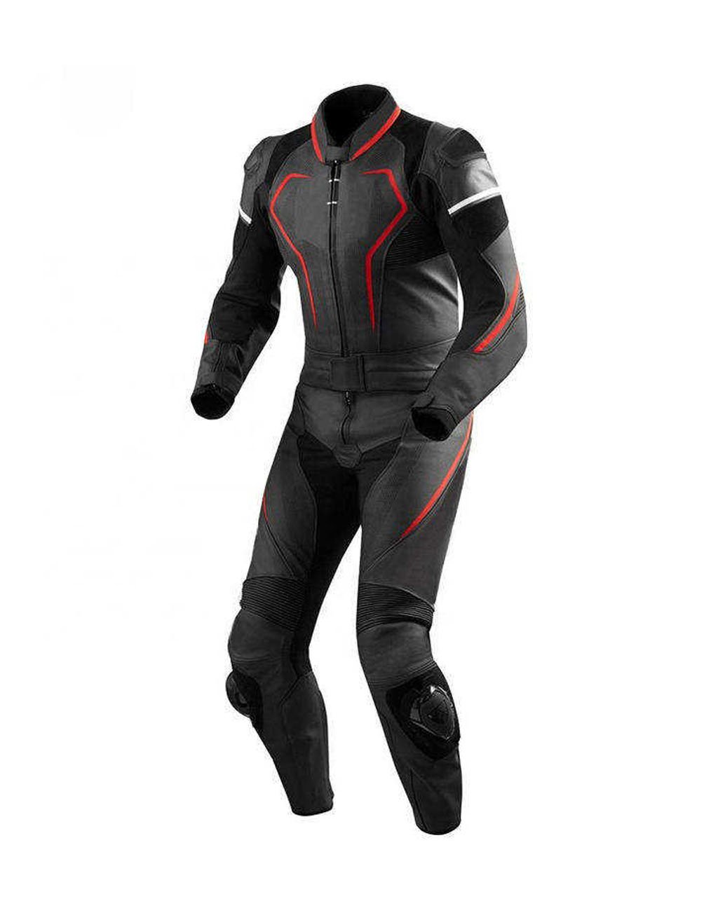 Black and red one-piece motorbike racing suit with CE-approved armor and knee sliders