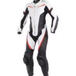 Full-body professional racing leather motorbike suit in white, black, and red with knee sliders and aerodynamic design.