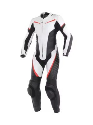 Full-body professional racing leather motorbike suit in white, black, and red with knee sliders and aerodynamic design.