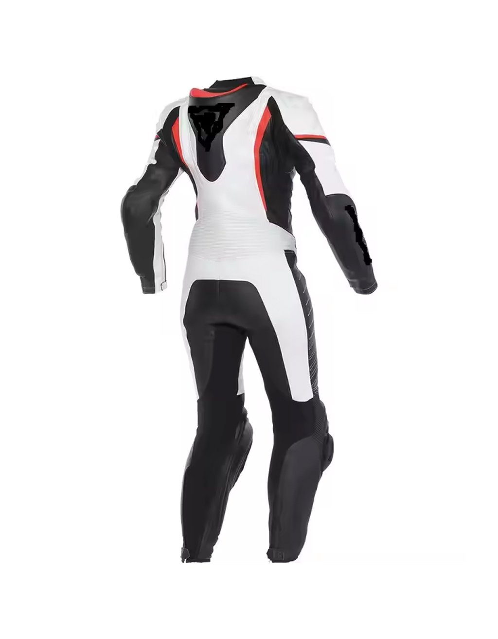 Full-body professional racing leather motorbike suit in white, black, and red with knee sliders and aerodynamic design.