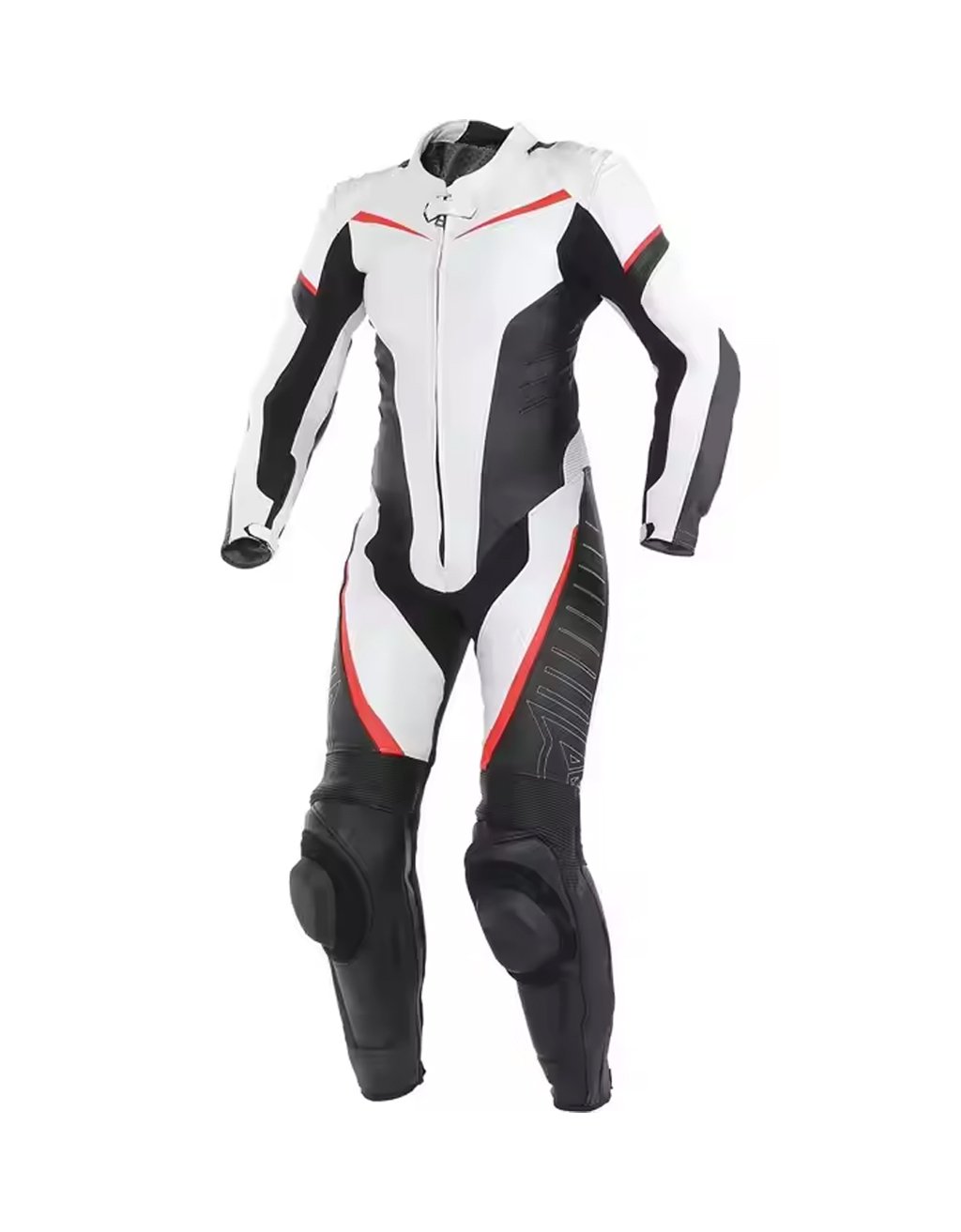 Full-body professional racing leather motorbike suit in white, black, and red with knee sliders and aerodynamic design.