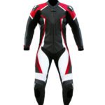 CE-approved red and black leather racing motorcycle suit with knee sliders