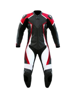CE-approved red and black leather racing motorcycle suit with knee sliders
