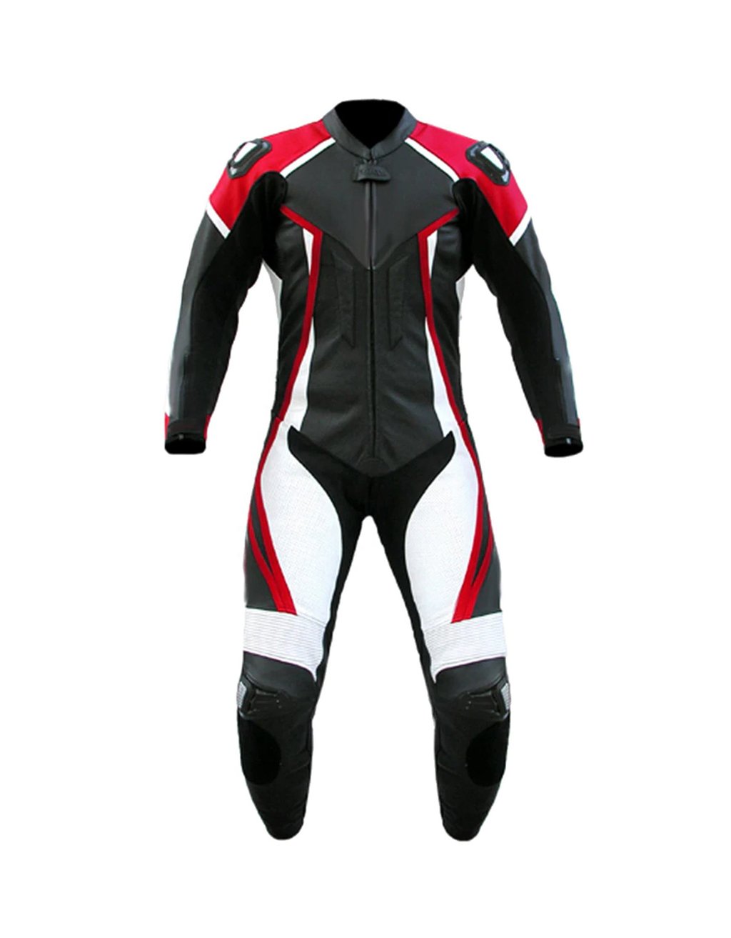 CE-approved red and black leather racing motorcycle suit with knee sliders