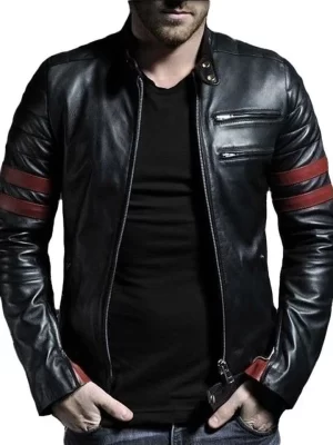 Men’s black leather café racer jacket with red stripes on sleeves, slim fit biker style
