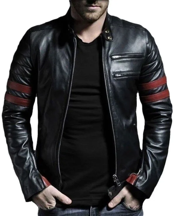 Black and Red Stripe Leather Jacket – Men’s Café Racer Biker Style