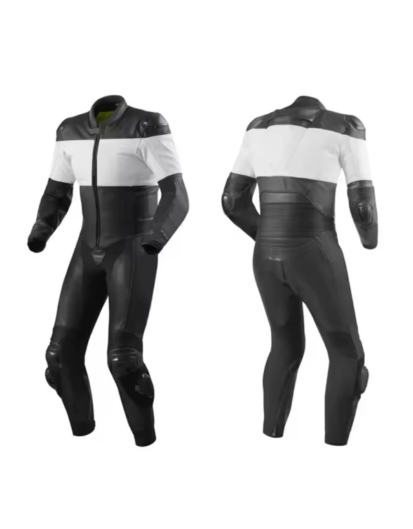 Black and White Leather Racing Suit – CE Armored One-Piece Motorcycle Gear