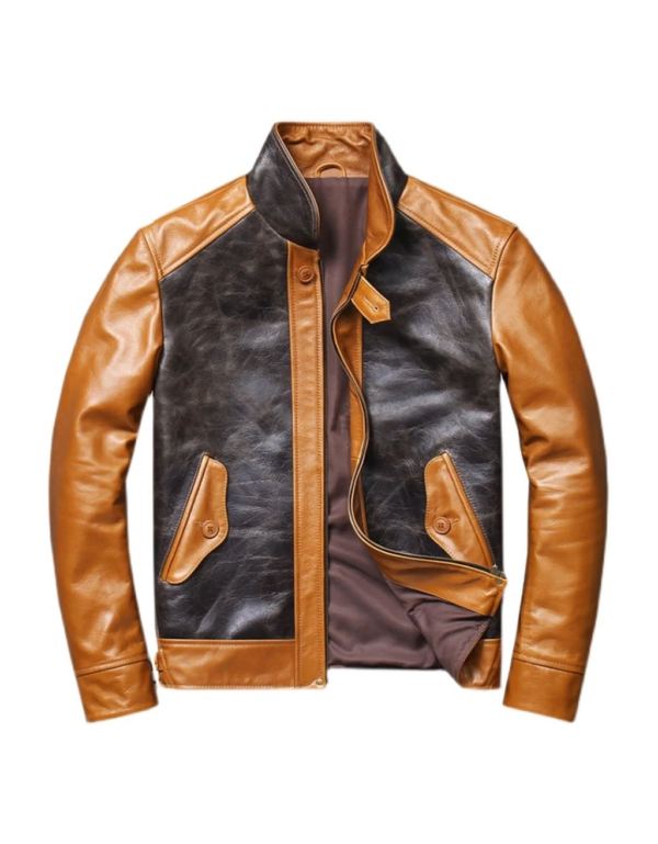 Men’s Two-Tone Leather Jacket – Black & Tan Retro Style