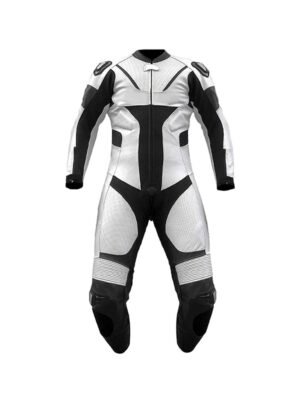 White and Black Leather Motorbike Suit – One-Piece Racing Gear