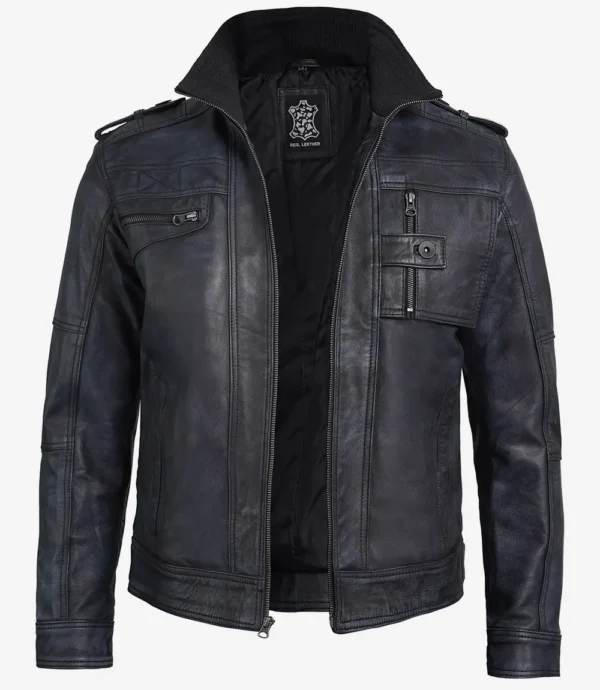 Men’s Black Leather Jacket with Epaulets | Frenzy Leather