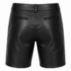Back view of men's black genuine leather zipper shorts with rear zipper pockets on white background.