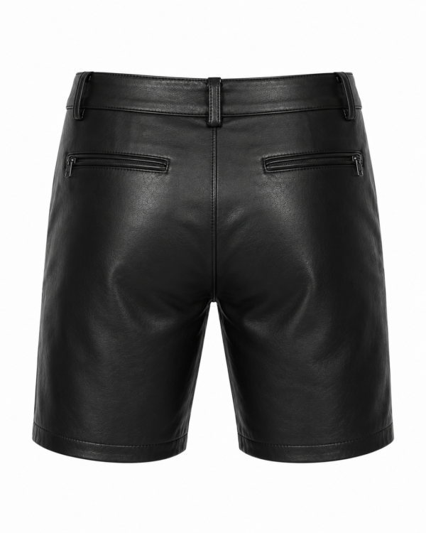 Back view of men's black genuine leather zipper shorts with rear zipper pockets on white background.