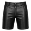 Front view of men's black genuine leather zipper shorts with biker style design on white background.