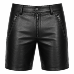 Front view of men's black genuine leather zipper shorts with biker style design on white background.