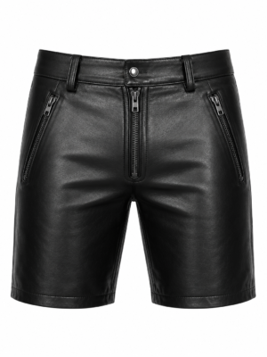 Front view of men's black genuine leather zipper shorts with biker style design on white background.