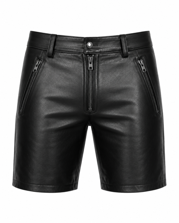 Front view of men's black genuine leather zipper shorts with biker style design on white background.