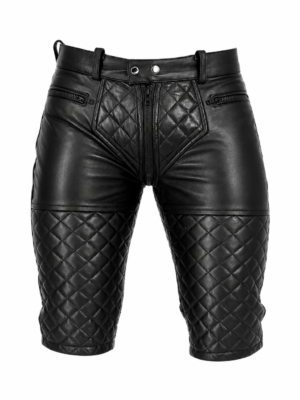 Front view of men's quilted black genuine leather biker shorts with diamond quilted panels and zipper pockets on a white background.