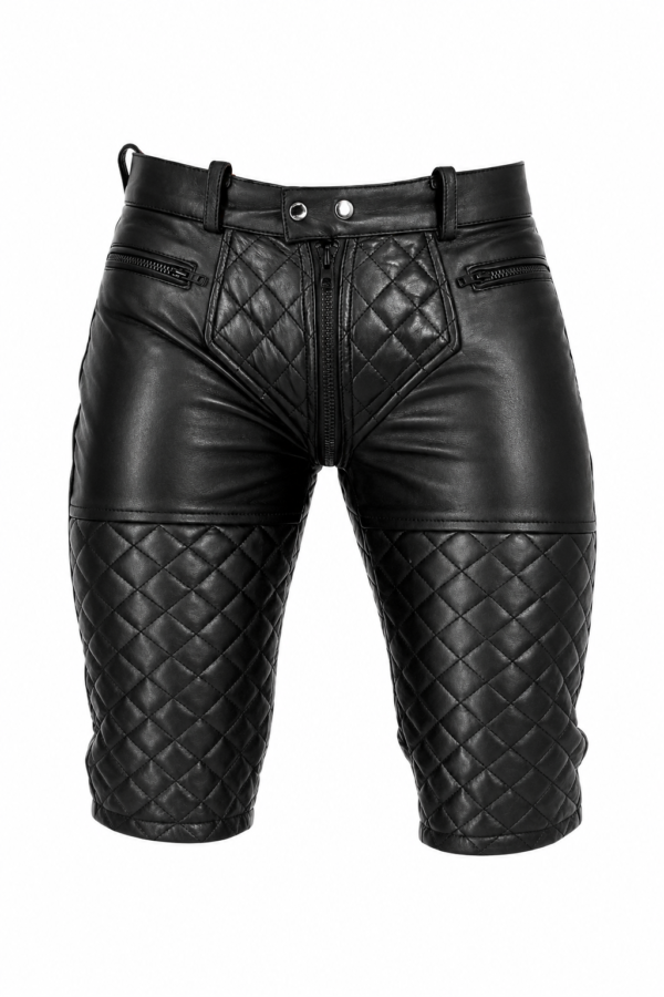 Front view of men's quilted black genuine leather biker shorts with diamond quilted panels and zipper pockets on a white background.