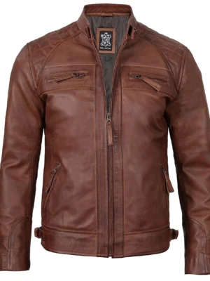 Men’s brown cafe racer jacket front view