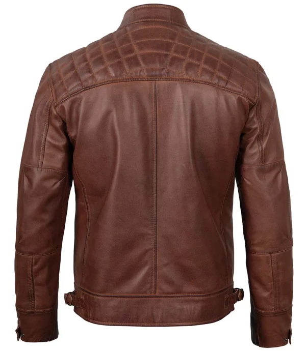Men’s brown cafe racer jacket back view with quilted shoulder detailing
