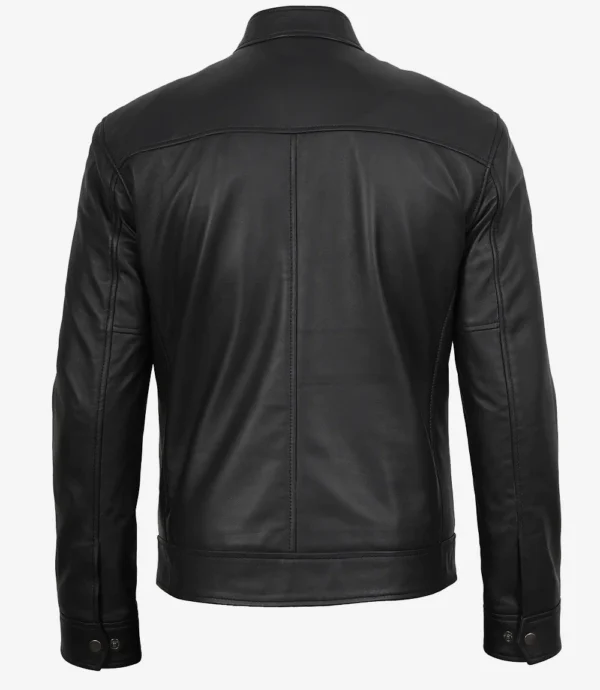 Men’s black leather biker jacket back view