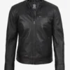 Men’s black biker leather jacket front view