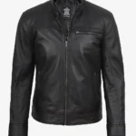 Men’s black biker leather jacket front view