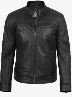 Men’s black biker leather jacket front view